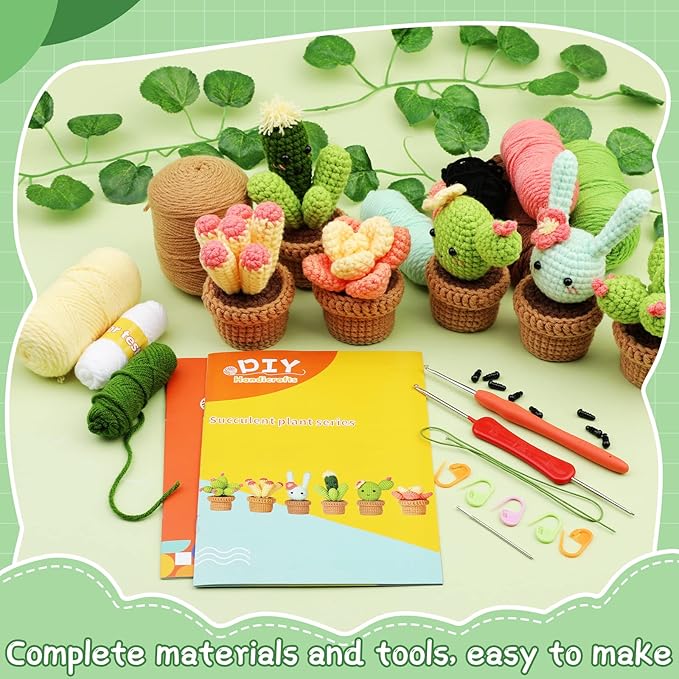 WONVOC Plant Crochet Kit, Crochet Plant Kit for Beginners, Beginner Crochet Kit for Adults, with Crochet Hooks, Crochet Supplies, Plastic Eyes and Instructions, Succulent Plants Mixed 6 Pcs