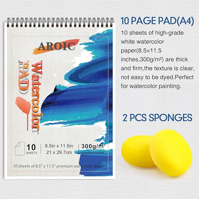 Watercolor Paint Set, 48 Color Watercolor with 10 PCS Nylon Brushes,6 PCS Refillable Water Brush Pen, 10 Page Pad(A4) and 2 PCS Art Sponges. Watercolor Paint set for Adults,Children Age 12+ and Beginners