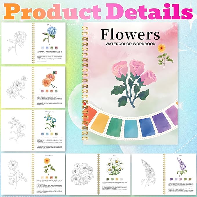 Watercolor Workbook Spring Flowers Coloring Book with 18 Colors Water Color Tutorial Instruction Painting Book Travel Kit Paint Set for Adults Beginners Artists