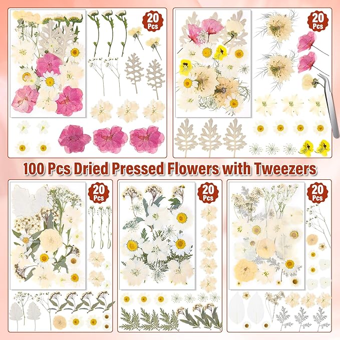 Dried Pressed Flowers for Resin, Real Pressed Flowers Dry Leaves Bulk Natural Herbs Kit for Scrapbooking Art Crafts Epoxy Resin Jewelry Mold Candle Soap Making Nails Décor (White & Pink Floral)