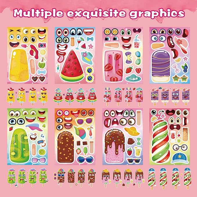 24 sheets ice cream stickers for kids classroom, make your own ice cream sticker, summer stickers birthday party favor, summer craft teacher reward