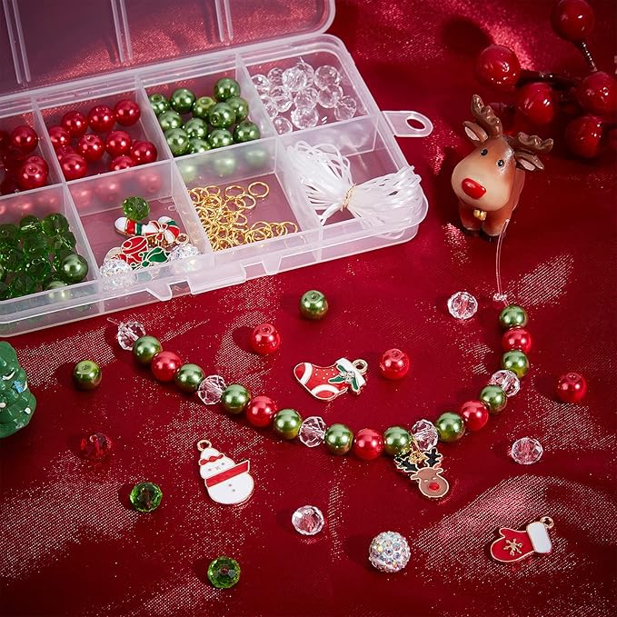 SUNNYCLUE 1 Box 226Pcs 6Sets Christmas Enamel Charms Christmas Tree Bracelet Making Kit Reindeer Socks Candy Cane Santa Claus Glass Beads Snowman Charms for Jewelry Making Kits Adult Xmas Gifts