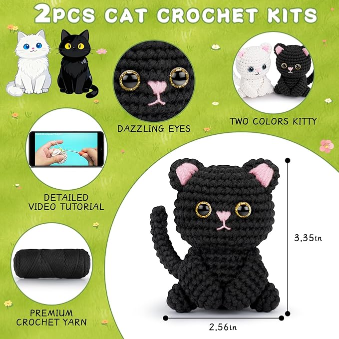 Fortuning's JDS Crochet Kit for Beginners, Cat Crochet Kits Complete Starter Kit with Step-by-Step Video Tutorials, Knitting Kit Adults, DIY Craft Gift for Birthday, Valentine's Day, Christmas