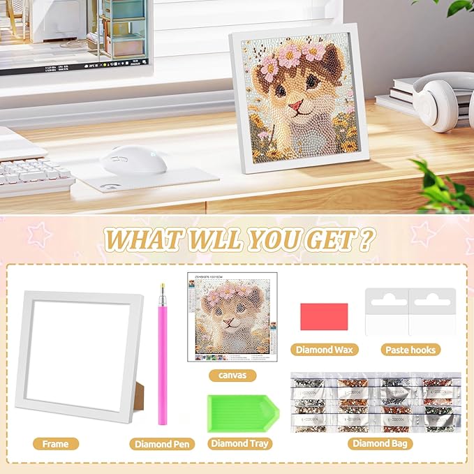 SENQAO Lion Diamond Art Kit for Adults with Frame Art and Crafts for Adults Ages 6-8 -10-12 Easy to DIY Diamond Art for Adults and Adult Beginners Home Wall Decoration 7.1x7.1inch