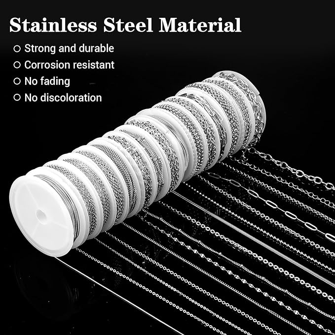COMNICO 15 Rolls 79 FT Necklace Chains for Jewelry Making, Stainless Steel Chains Bulk Link Plated Permanent Jewelry Making Accessories with Jump Rings for DIY Necklace Earring Bracelet