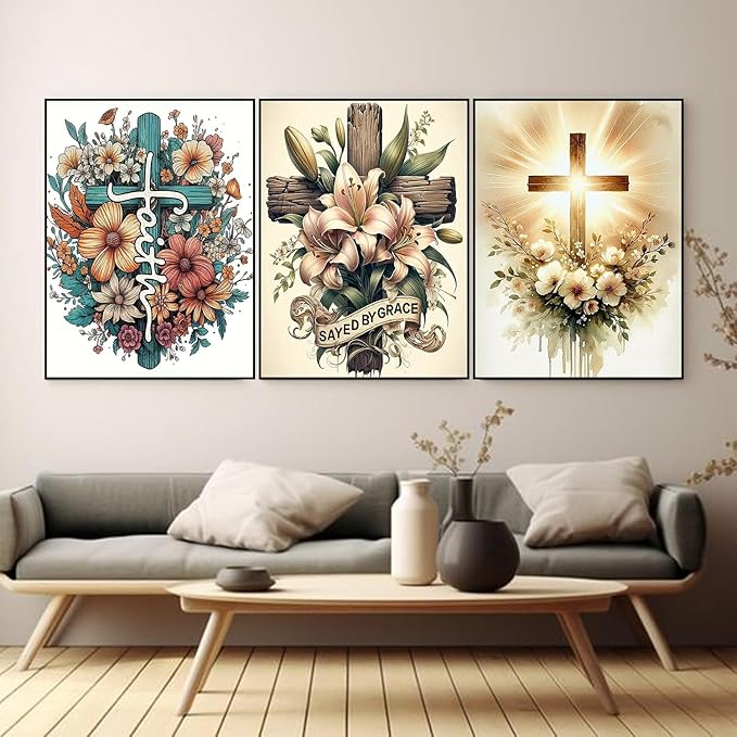 igoodom 3 Pack Cross Diamond Art Kits for Adults, Religious Diamond Painting Kit, Full Drill Round Diamond Art Kits, DIY Gem Art and Crafts for Home Wall Decor Gift 12x16inch
