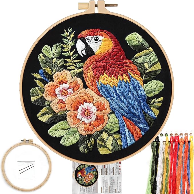 fonnuy embroidery kit for beginners, birds with flowers pre-stamped pattern kits for adults with hoop, easy to follow color thread needlework, 8'' hoop (red parrot)