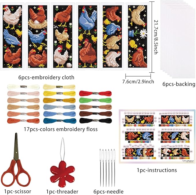 ORIGACH 6 Set Chicken Cross Stitch Bookmark Kit for Beginner with Backing Felt Floss Instructions DIY Stamped Embroidery Bookmark Kit for Adults, Book Lovers