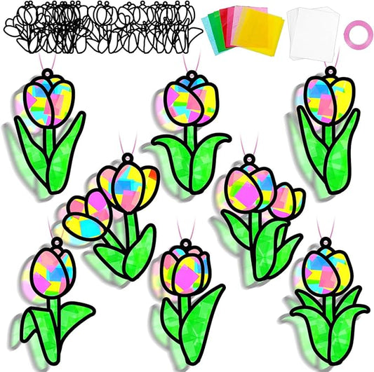 Lonfliness 32 Sets Spring Tulip Suncatchers Craft Kit DIY Window Stained Glass Effect Colorful Tulip Paper Crafts Home School Classroom Decoration Birthday Gift Creative Art Project & Activity Game