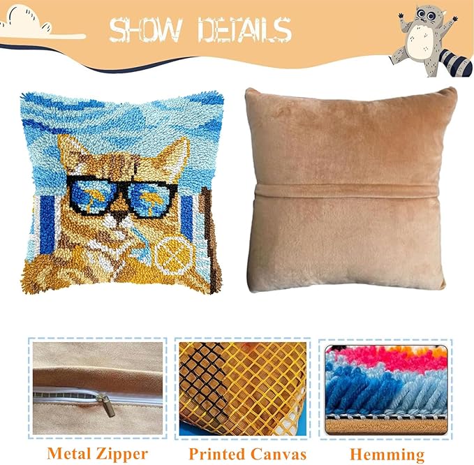 EMISTEM Latch Hook Kits for Adults - Latch Hook Pillow Kits, Crochet Yarn Kit for Beginners, Cross-Stitch Embroidery Cushion Cover Case with Printed Canvas. (Sunglasses Cat,17x17 inch)