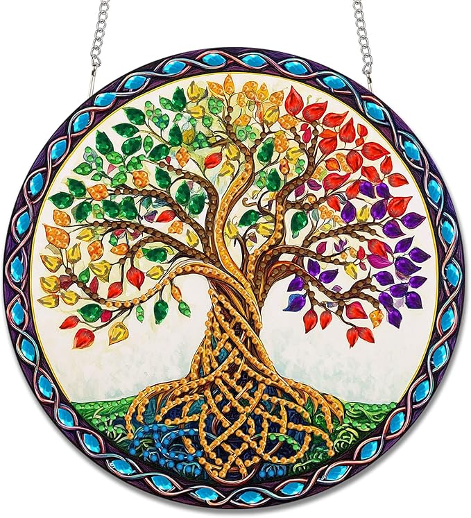 Reofrey Hanging Diamond Art Kits for Adults - 8x8 Inch Tree Acrylic Board Double Sided Pattern Diamond Painting Suncatcher Pendant, DIY Crystal Art for Home Wall or Window Decoration Handmade Gift