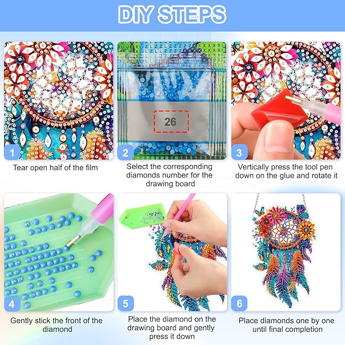 QENSPE Dreamcatcher Diamond Art Hanging Kits for Adults, 5D Special Shape Diamond Paingting Ornaments Kits with Chain, DIY Crystal Window Pendants for Home Garden Wall Decor Double Sided 8X8 inch