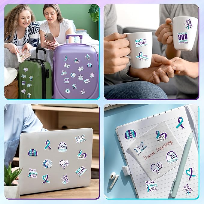 beyumi suicide awareness roll stickers - 1000pcs teal purple ribbon stickers in 2 rolls waterproof vinyl suicide prevention awareness decals campaigns laptop bottle notebook luggage decor kids teens