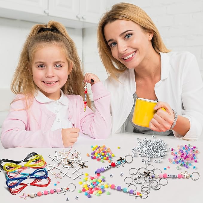 WATINC DIY Cross Keychain Making Crafts - Christine Cross Beads Bracelet Necklace Making Craft Kits, Letter Beads for Jewelry Accessories Festival Party Gift Favor for Women Men (612Pcs)