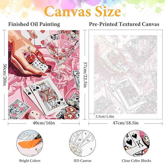Okarina Paint by Numbers Kit for Adults Beginner Cocktail, Poker Adult Paint by Number Kits on Canvas, Pink DIY Acrylic Oil Painting by Numbers for Adults, Perfect for Home Wall Decor 16X20 Inch