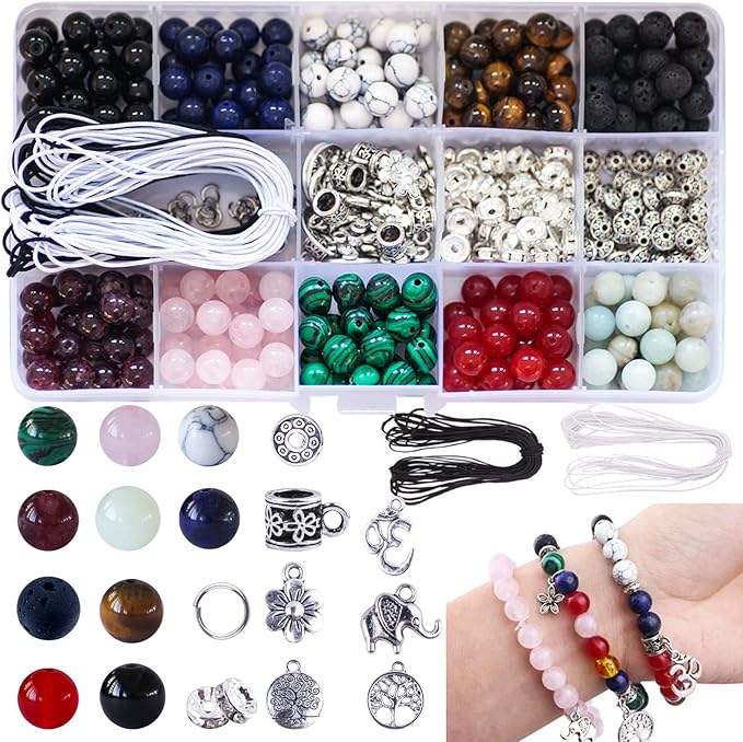 Colle 418Pcs Stone Jewelry Making Kit, Crystal Stone Bracelet Making Kit, Crystal Natural Stone Healing Beads for Jewelry Making, Bracelet Making Kits