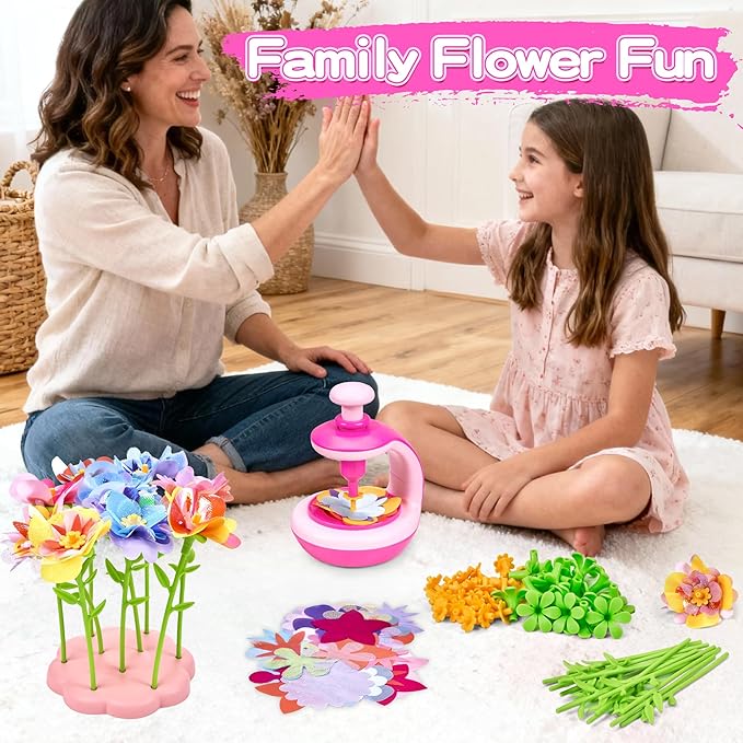 fabric flower bouquet craft kit for kids, diy arts & crafts toy to make your own flower wreaths & reusable felt flowers, educational birthday gift for girls boys ages 4–10