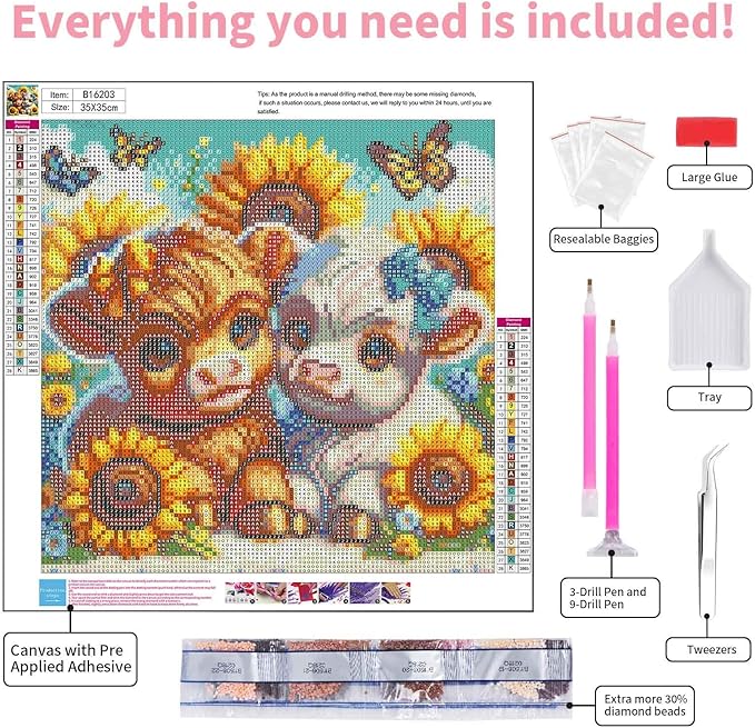 GEEHEIY Highland Cow Diamond Art Kits for Adults, 5D Cow Diamond Painting Kits for Beginner, DIY Sunflower Gem Art Dots for Adults, Perfect for Home Wall Decor 14x14 Inch