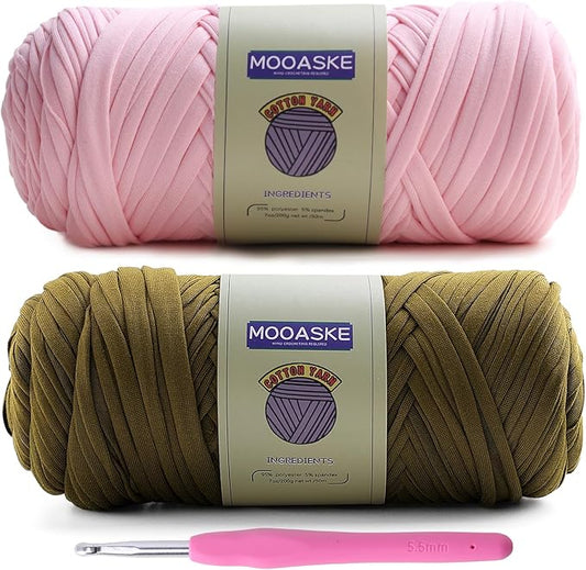 2 Pack T-Shirt Crochet Yarn for DIY Knitting Crochet Cloth Blanket Bag Dolls - 400g Chunky Thick Yarn for Crocheting with Polyester-Spandex Blend Elastic Fabric (Light Pink+Dark Green)