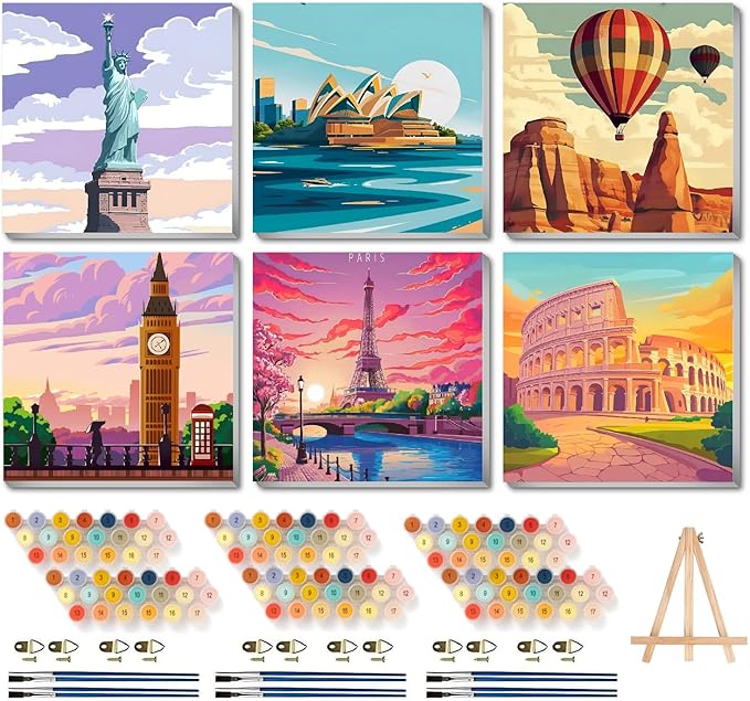Canrichshop 6 Packs Paint by Numbers Kit for Adult Framed,City Landscape DIY Paint by Number on Canvas with Wooden Easel,Acrylic Oil Famous Buildings Painting Kit Adults for Decor 8x8inch