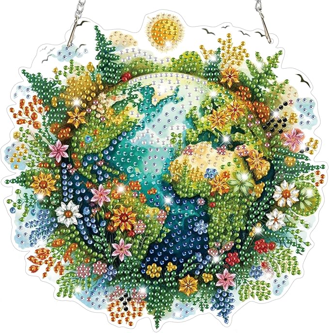 Bowetile Protect the Earth Diamond Art Hanging Kits for Adults, Diamond Art Suncatchers Earth, 5D Special Shape Diamond Painting Pendant Window Ornament Gifts for Home Wall Garden Decor