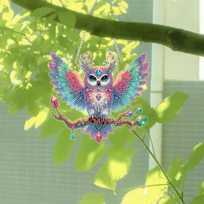 Ristpal Diamond Painting Kits Hanging for Adult, Special Shaped Rhinestone, DIY Acrylic Diamond Art Painting Window Pendants Home Garden Wall Hanging Kits for Home Decor and Gifts (Owls)