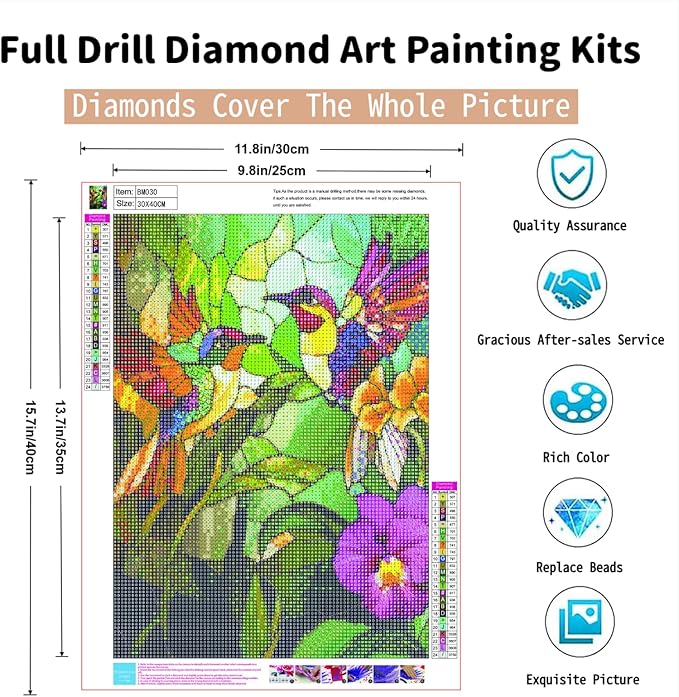 PINFFSHU Hummingbird Diamond Painting for Adults DIY Stained Glass Diamond Art Kits Round Diamond Dots 5D Full Drill Gem Art Kit Arts and Crafts for Adults Home Bird Wall Decor Gift 12x16 Inch