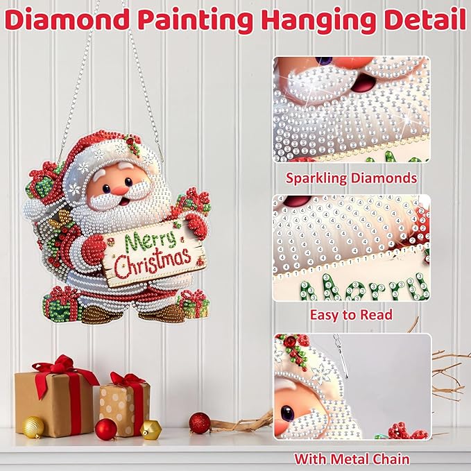 MEIYUDA Christmas Santa Claus Diamond Art Hanging Kits for Adult, Merry Christmas Diamond Painting Kits Ornaments, DIY Special Shaped Rhinestone Window Pendants kit for Home Garden Wall Decor Gift