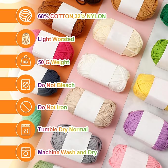 Timgle 24 Pcs Crochet Yarn for Beginners 2100 Yards Cotton for Crocheting and Knitting Soft 24x50g in Total Cotton Nylon Blend Easy Yarn for Knitting Crochet Crafts Project (24 Colors)