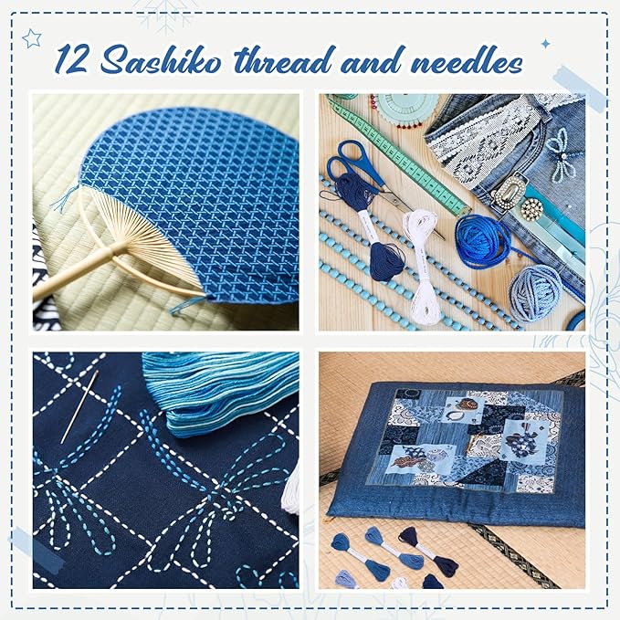 Zeyune 12 Skeins Blue Sashiko Thread Kit 100% Cotton with Sashiko Needles 20m(21.8yds) Thread for Hand Quilting and Embroidery Projects Pick Stitching Denim