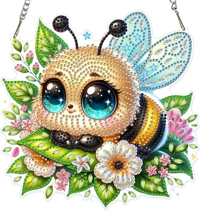 GHHKUD Bee Diamond Art Hanging Kit for Adults, DIY Double Sided Diamond Painting Hanging St.Patrick's Day, Special Shaped Acrylic Ornaments Pendants for Window Home Garden Wall