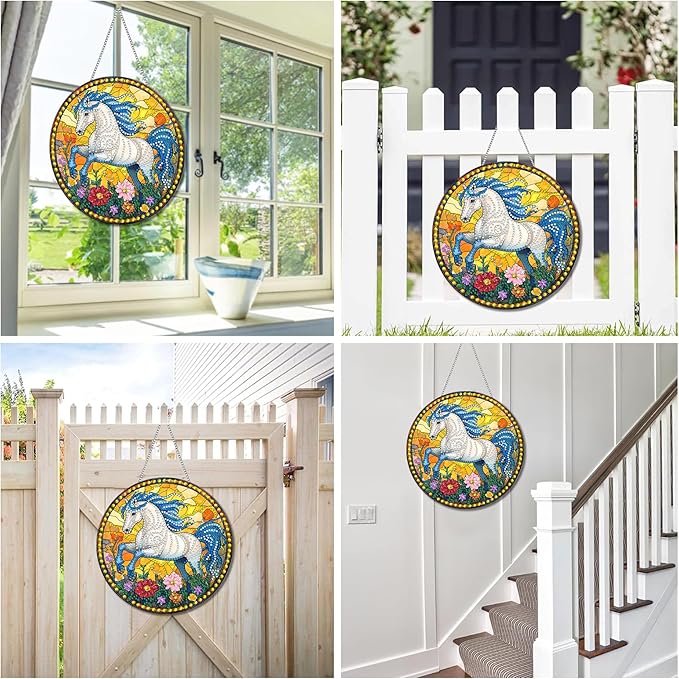 Reofrey Hanging Diamond Art Kits for Adults - 8x8 Inch Horse Acrylic Board Double Sided Pattern Diamond Painting Suncatcher Pendant, DIY Crystal Art for Home Wall or Window Decoration Handmade Gift