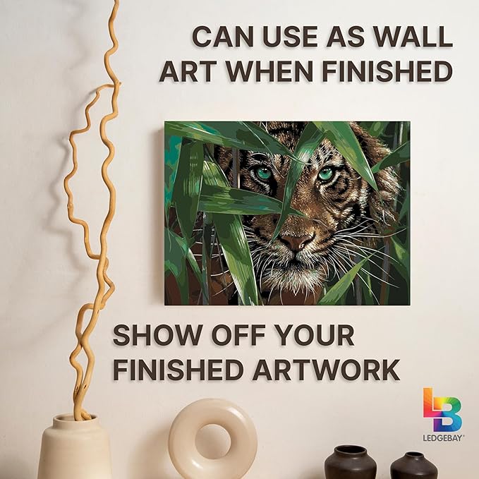 Ledgebay DIY Paint by Numbers Kit for Adults - Framed Canvas Beginner to Advanced Kit Includes Acrylic Paint Set, Brushes, Tabletop Easel (Bamboo Tiger 12" x 16" Framed)
