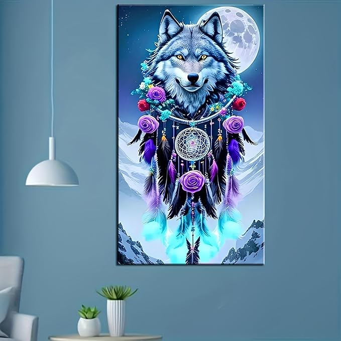 KUFWKEY Dreamcatcher Diamond Art,Wolf Diamond Art Kits for Adults, Full Round Drill Diamond Painting Kits,Animal Diamond Mosaic Art for Adults,Home Decor,Large Size,16x28 inch