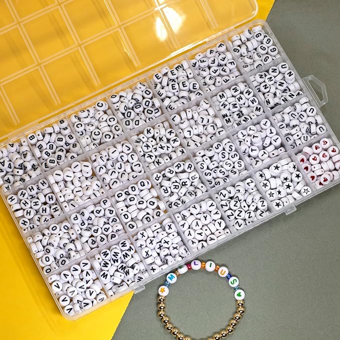 Melius Acrylic Letter Beads, 1450 Pcs 4x7mm Round Alphabet Beads in 28 Grid Box for Jewelry Making, DIY Bracelets (4x7mm, White)