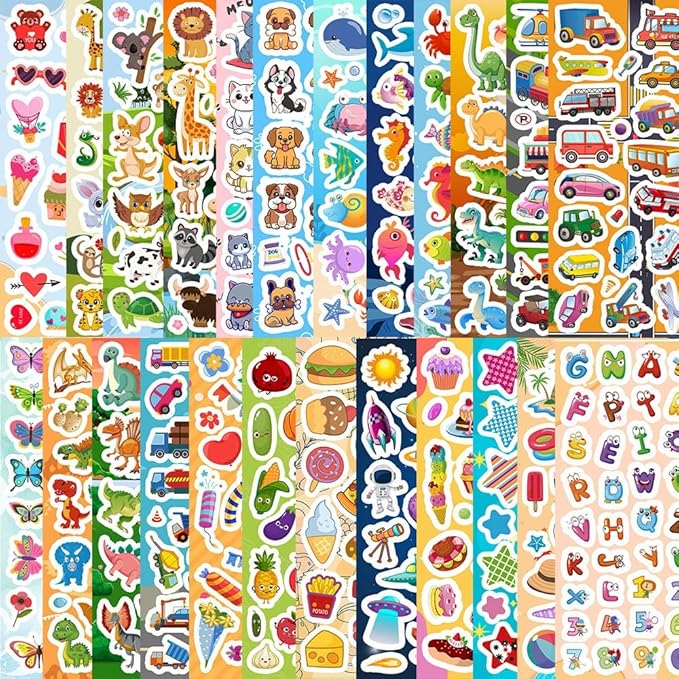 48 sheets stickers for kids, cute stickers variety pack for scrapbooking, teachers classroom prizes, goodie bag stuffers including animals, cars, dinosaurs, fishes, hearts, stars and more