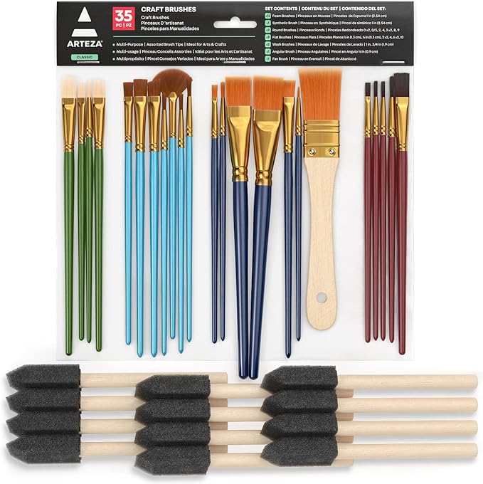 ARTEZA Paint Brush Set, 72 Brushes with Foam, Flat & Detail Tips, Mixed Handles, Art Brushes for Watercolor, Acrylic on Canvas, Paper or Wood