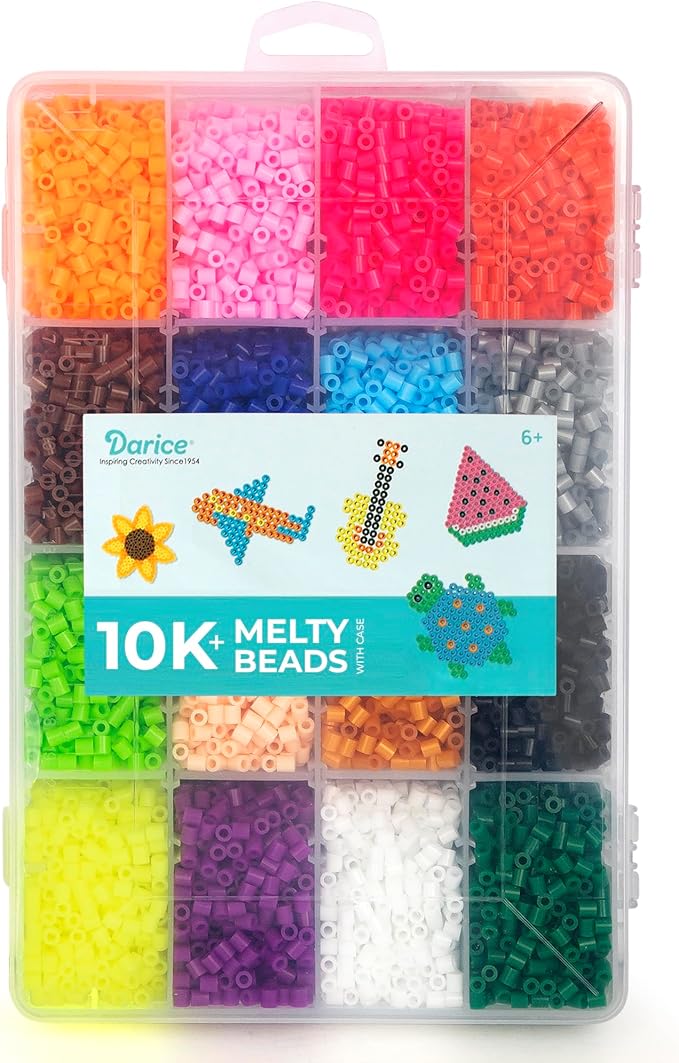darice fuse beads kit - 10,000 pcs, 5mm iron bead 16 colors with storage case, non-toxic art and craft melty beads for kids in 16 colors for diy projects & perler art, ages 6+