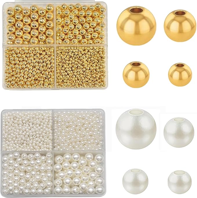 3360pcs Gold Round Beads & Pearl Beads 3/4/6/8mm 4 Size Smooth Ball Bead for Jewelry Making Metal Circle Bead for Bracelet Necklace Earring Making Supply