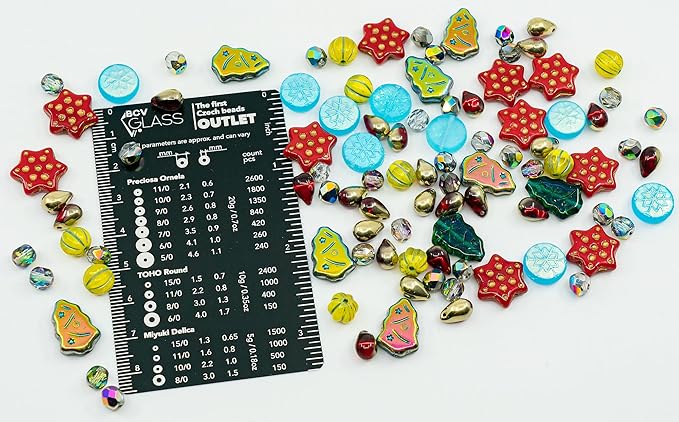 2.1oz (60g) of Christmas Czech Glass Bead Mix 2024 with Trees, Melons, Snowflakes and Faceted Beads, Dark Green Yellow Xmas