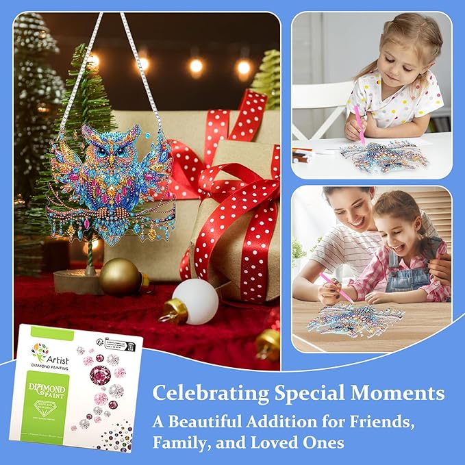 Lxmsja DIY Beautiful Owl Diamond Painting Hanging Ornament, Double-Sided Acrylic Ornate Branch Diamond Art Kit, Special Shaped Suncatcher Hanging Pendant Window Art Kit