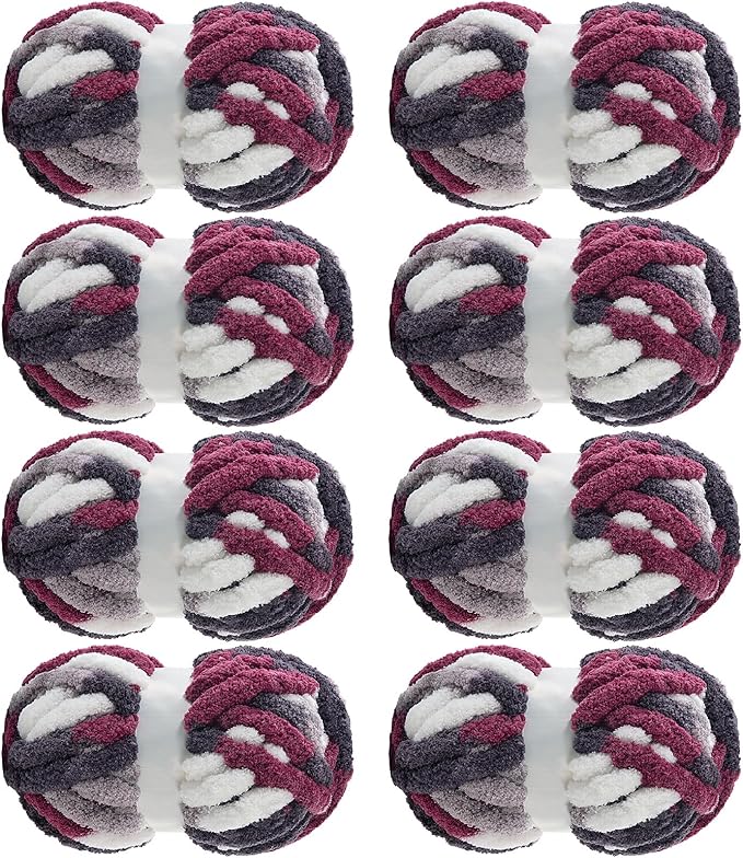 MABOZOO Tie Dye Chunky Yarn for Crocheting 8 Pack,Fluffy Jumbo Chenille Yarn,Soft Plush Yarn Bulky,Giant Thick Fuzzy Yarn for Hand Knitting or Arm Knitting,Purple Multi (26 yds,8 oz Each Skein)