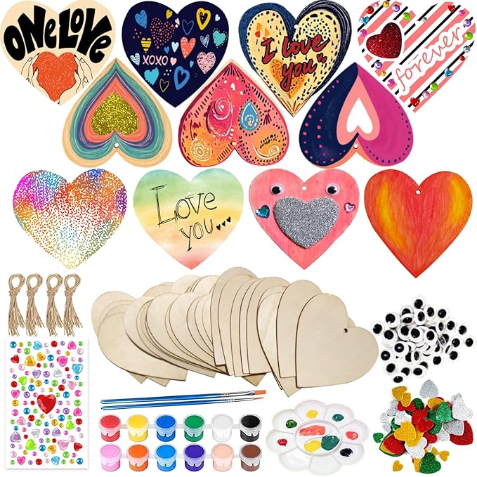 KITRDOOR Wooden Hearts for Crafts, 36pcs Valentine's Day Heart Ornaments Hanging Decorations, Unfinished Wood Heart Painting Craft Kit, DIY Valentines Crafts for Adults Classroom Gift (Pink)
