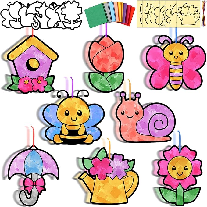 Motipuns 32 Pcs Spring Easter Suncatcher Craft Kit for Adults, Cute Spring Animals Flowers DIY Window Stain Glass Effect Paper Ornaments for VBS Sunday School Art Activities
