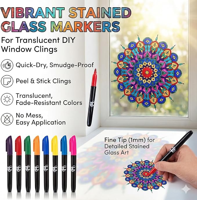 Hula Home Stained Glass Mandala Art Kit - DIY Window Clings with Markers, 10 Suncatchers - Perfect Hobby for Adults, Kids, Teens & Seniors - Ideal Gift for Beginners, Women & Elderly