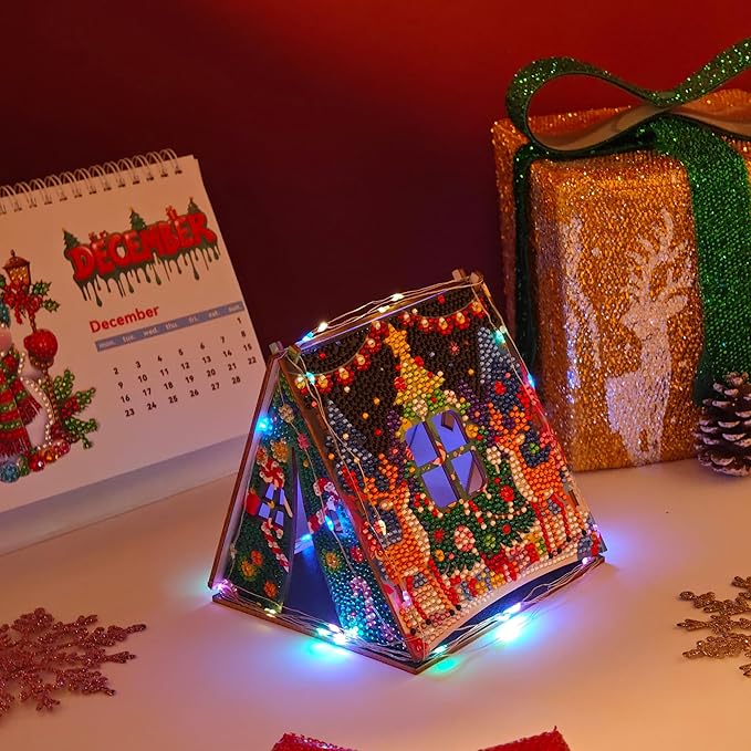 Party Ready 3D Diamond Painting Tent Craft Kit with LED Lights – Full Drill Crystal Mosaic Wood Puzzle, DIY Holiday Decorative Art for Home Display (Christmas Reindeer)