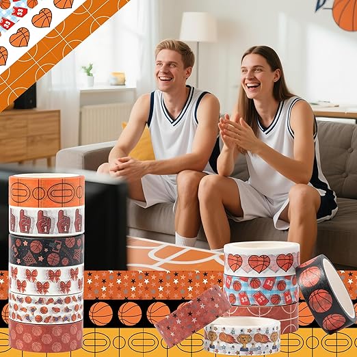 Sports Theme Washi Tape - Basketball Hoop Net Heart Bow Pattern Premium Acid Free Repositionable Adhesive Paper for Scrapbooking Gift Wrapping Journaling DIY Crafts Sports Fan Supplies