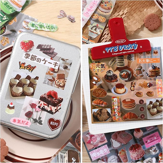 Japanese Sticker Book - Kawaii Food Theme - 30 Sheets Decorative Vinyl Decals for Journals, Planners & Accessories, Assorted Sushi Donuts Fruits Designs (Red)