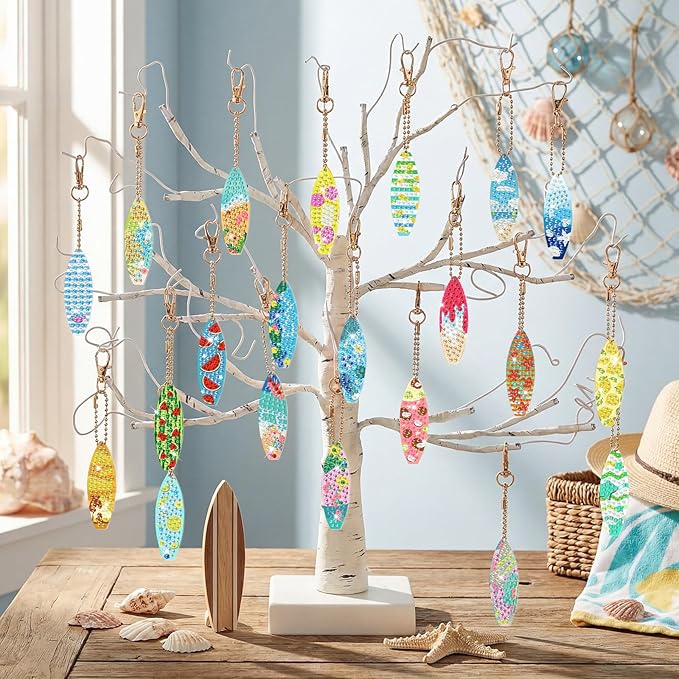 Huquary 30 Pcs Summer Diamond Art Keychains Surfboard Diamond Painting Keychain Kits for Aldults Double Sided 5d Rhinestones Beach Hawaiian Luau Party Hanging Ornaments for Beginners DIY Crafts