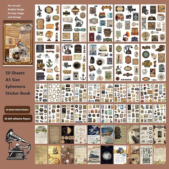 50 Sheets Pre-Cut Washi Sticker Book for Adults, 412Pcs Vintage Stickers, 20 Adhesive Collage Papers, Ephemera for Junk Journal, Journaling, Scrapbooking Supplies, Bujo